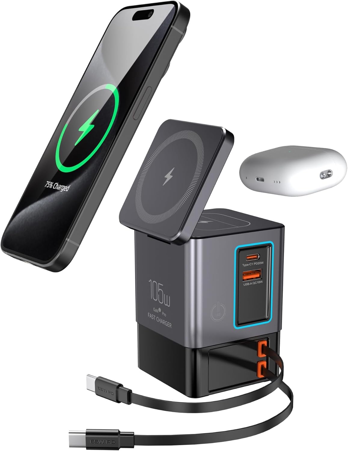 Oh!Teq® | 6-in-1 GaN USB-C Desktop Charger with 3-in-1 Apple Wireless Stand (105W) Oh!Teq