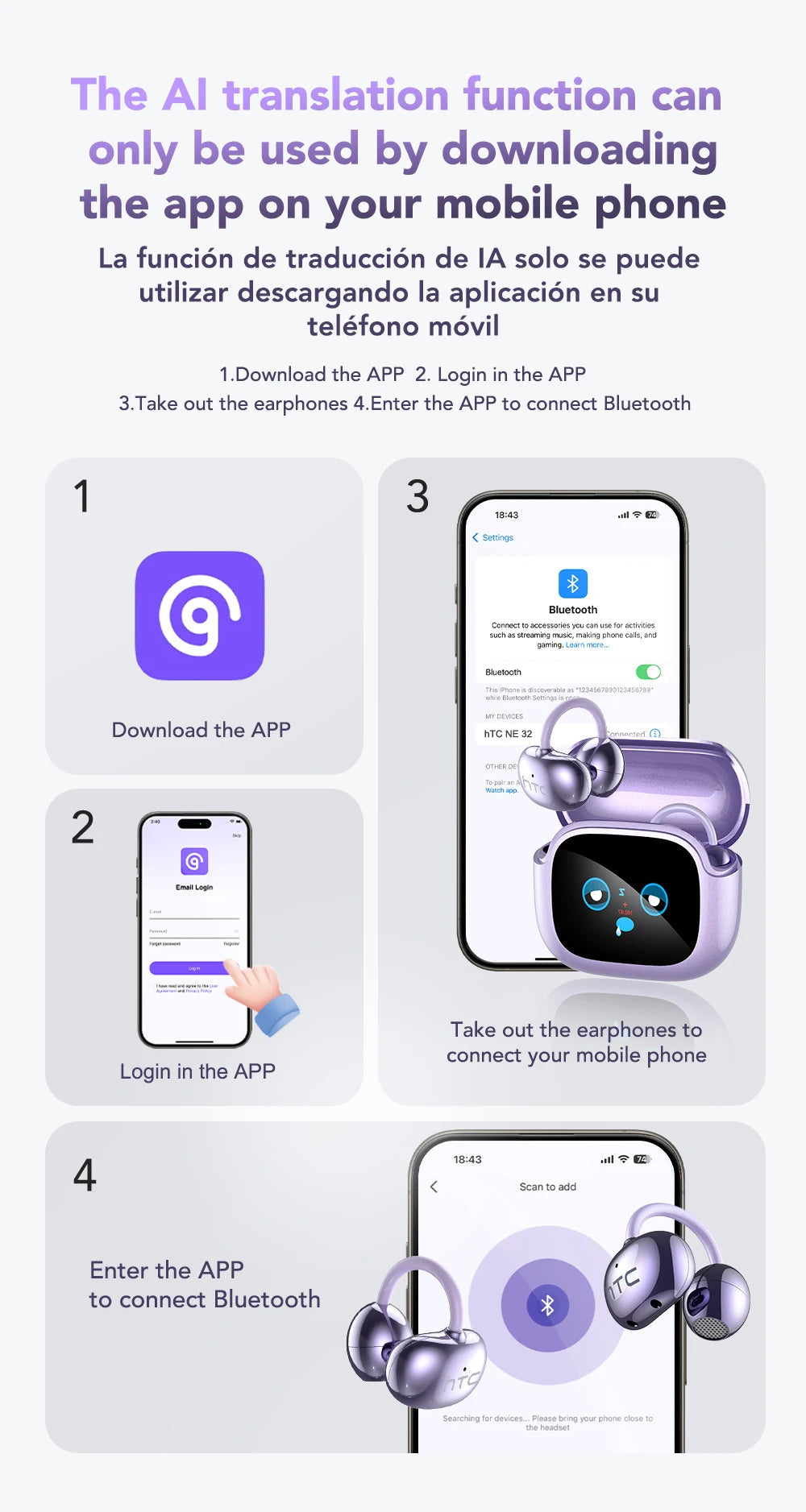 Oh!Teq® | HTC NE32 AI Translator Earbuds (Ear-Hook) Oh!Teq