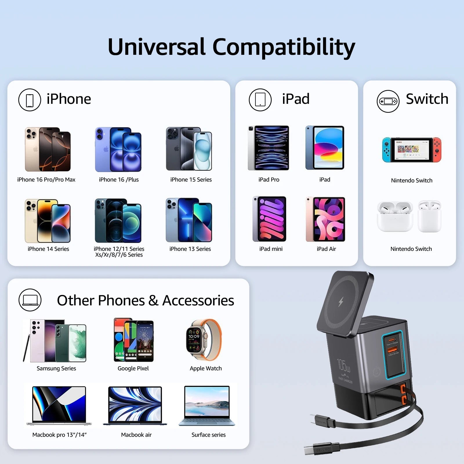 Oh!Teq® | 6-in-1 GaN USB-C Desktop Charger with 3-in-1 Apple Wireless Stand (105W) Oh!Teq