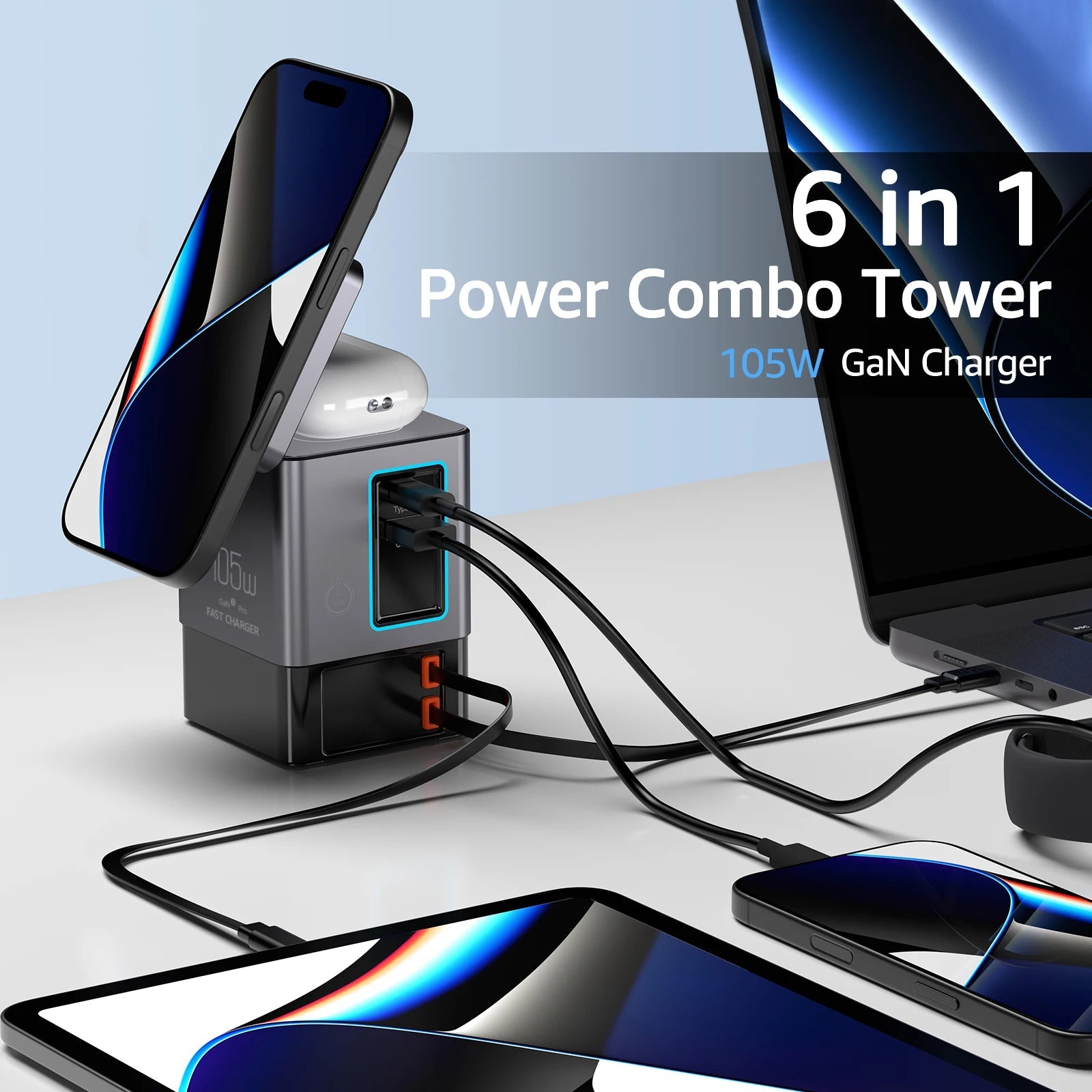 Oh!Teq® | 6-in-1 GaN USB-C Desktop Charger with 3-in-1 Apple Wireless Stand (105W) Oh!Teq